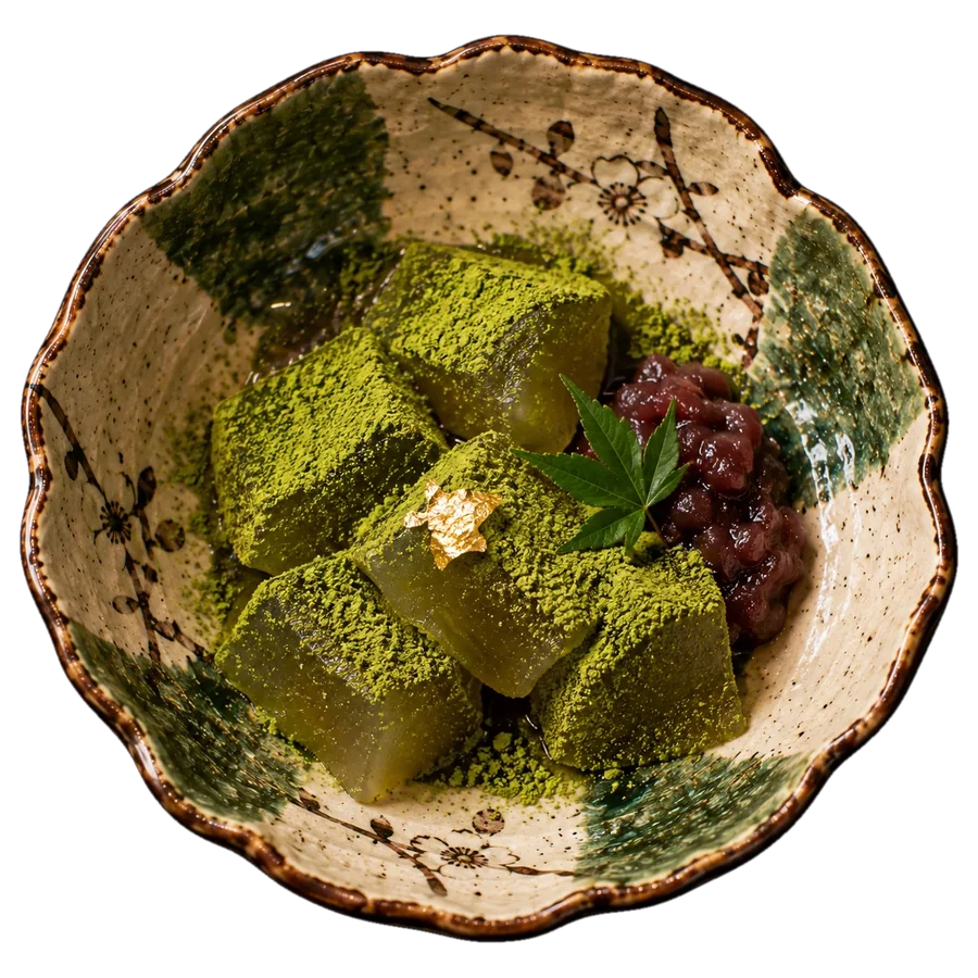Matcha-dusted warabi-mochi with a fleck of gold leaf, a maple leaf and sweet red beans