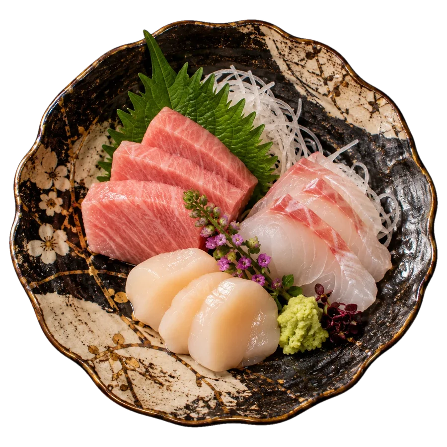 Sashimi of fatty tuna, sea bream and scallop on a shiso leaf with fresh wasabi, on a gold-veined plate