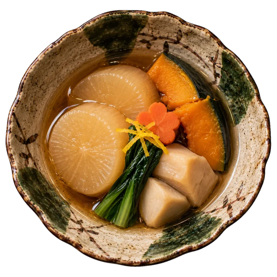 Simmered daikon, kabocha squash and taro with komatsuna greens and a flower-cut carrot in a light broth