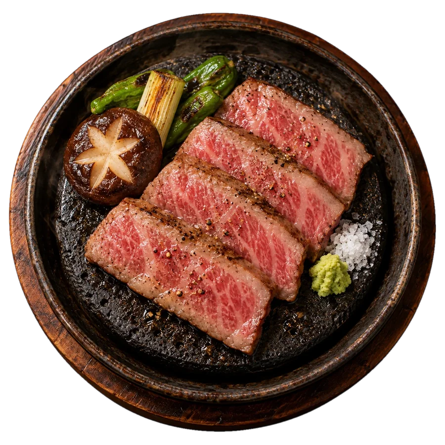 Four slices of marbled wagyū seared on a hot stone with shiitake, leek, shishitō peppers, wasabi and flaked salt