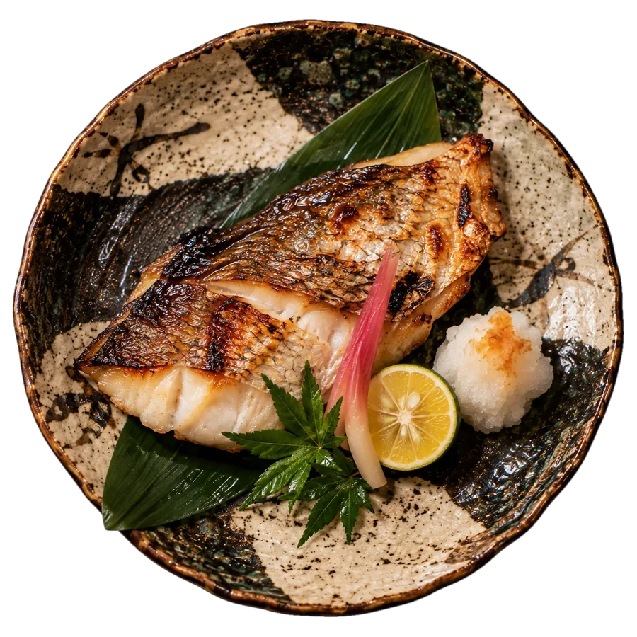 Charcoal-grilled blackthroat seaperch with crisp skin, a pickled ginger stem, sudachi and grated daikon on a speckled plate