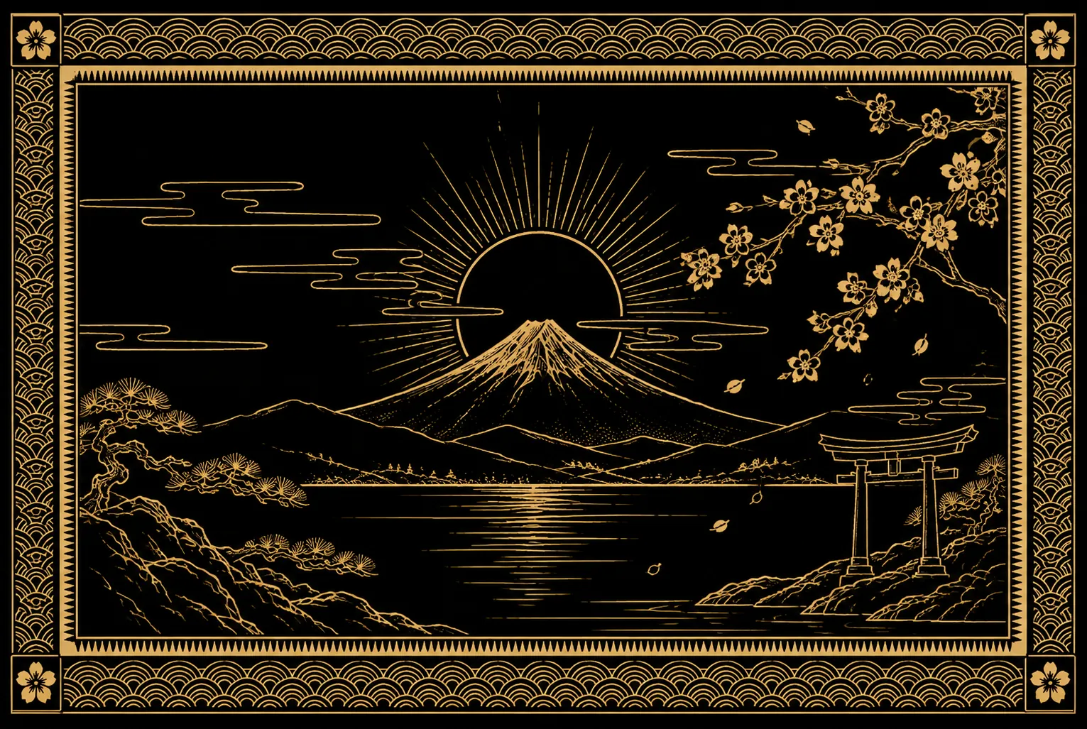 Gold engraving on black of Mount Fuji at sunrise over a lake, with a torii gate, pines and cherry blossoms inside a wave-pattern border