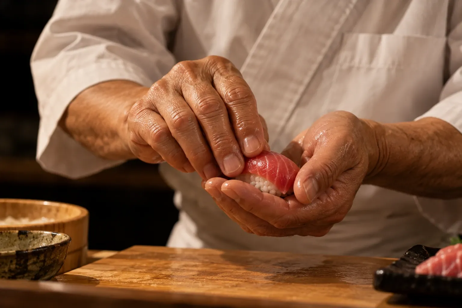 The chef's hands pressing a piece of tuna nigiri over a wooden board