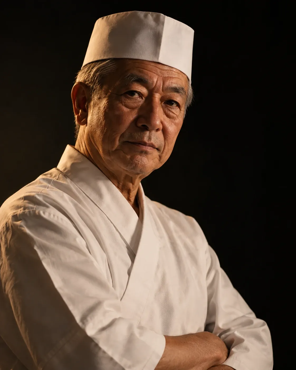 Portrait of chef Shōzō Amano in a white cap and jacket, arms folded, against a dark background