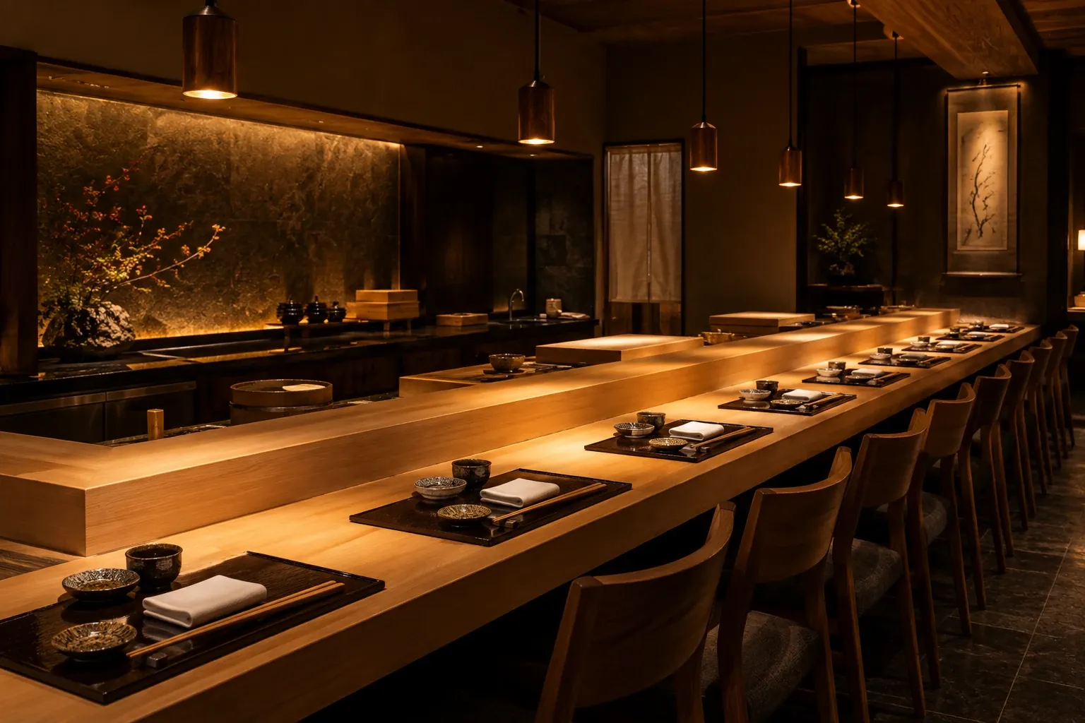 A long pale hinoki counter set for twelve under pendant lamps, with a gold-leaf wall and an ikebana arrangement