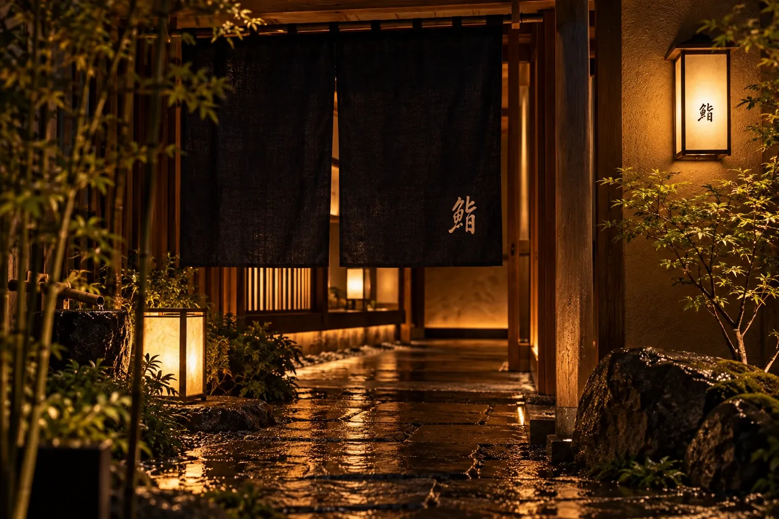 A dark noren curtain over the entrance, a wet stone path lit by paper lanterns, bamboo and maple