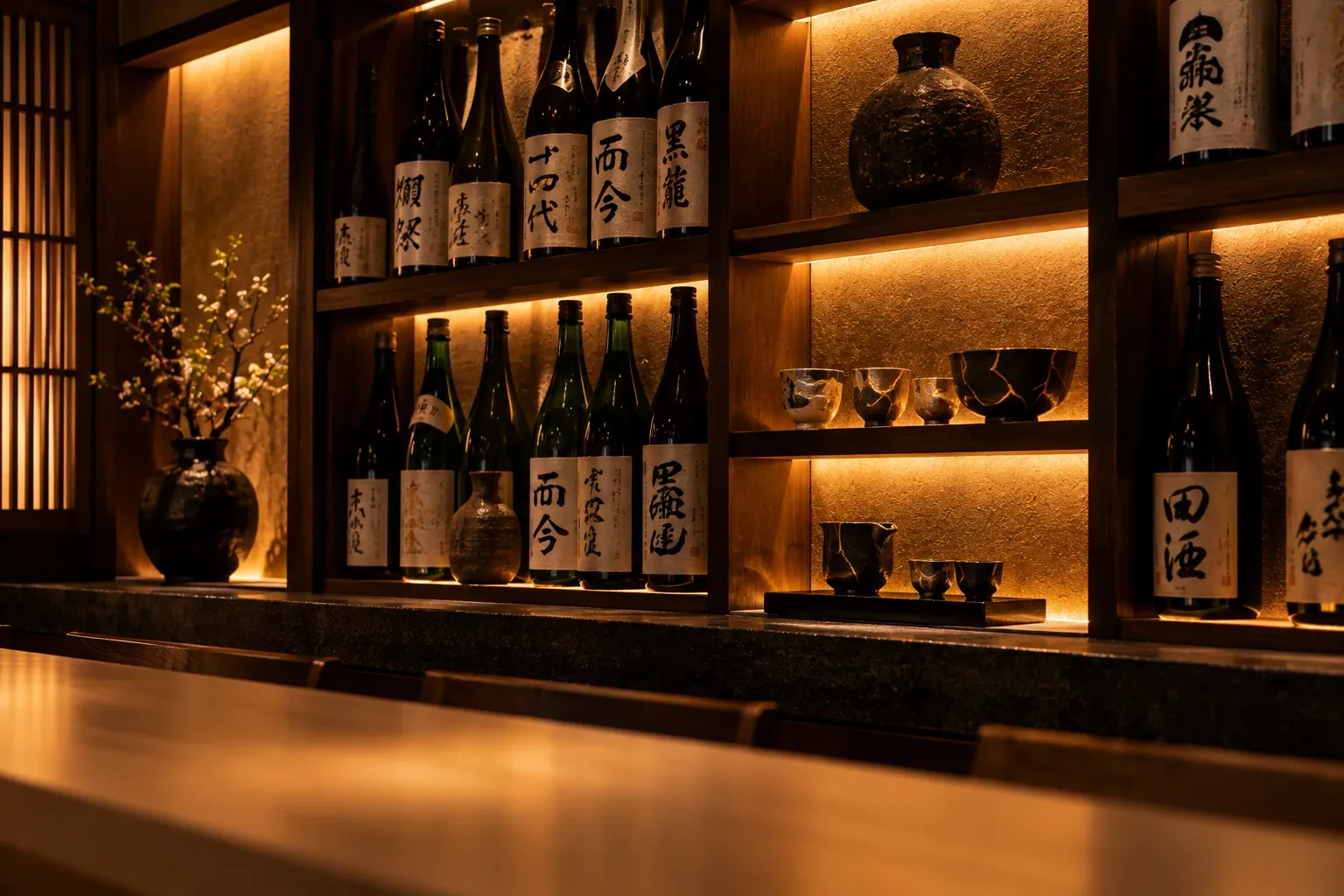 Backlit shelves of sake bottles and gold-repaired kintsugi cups behind the counter