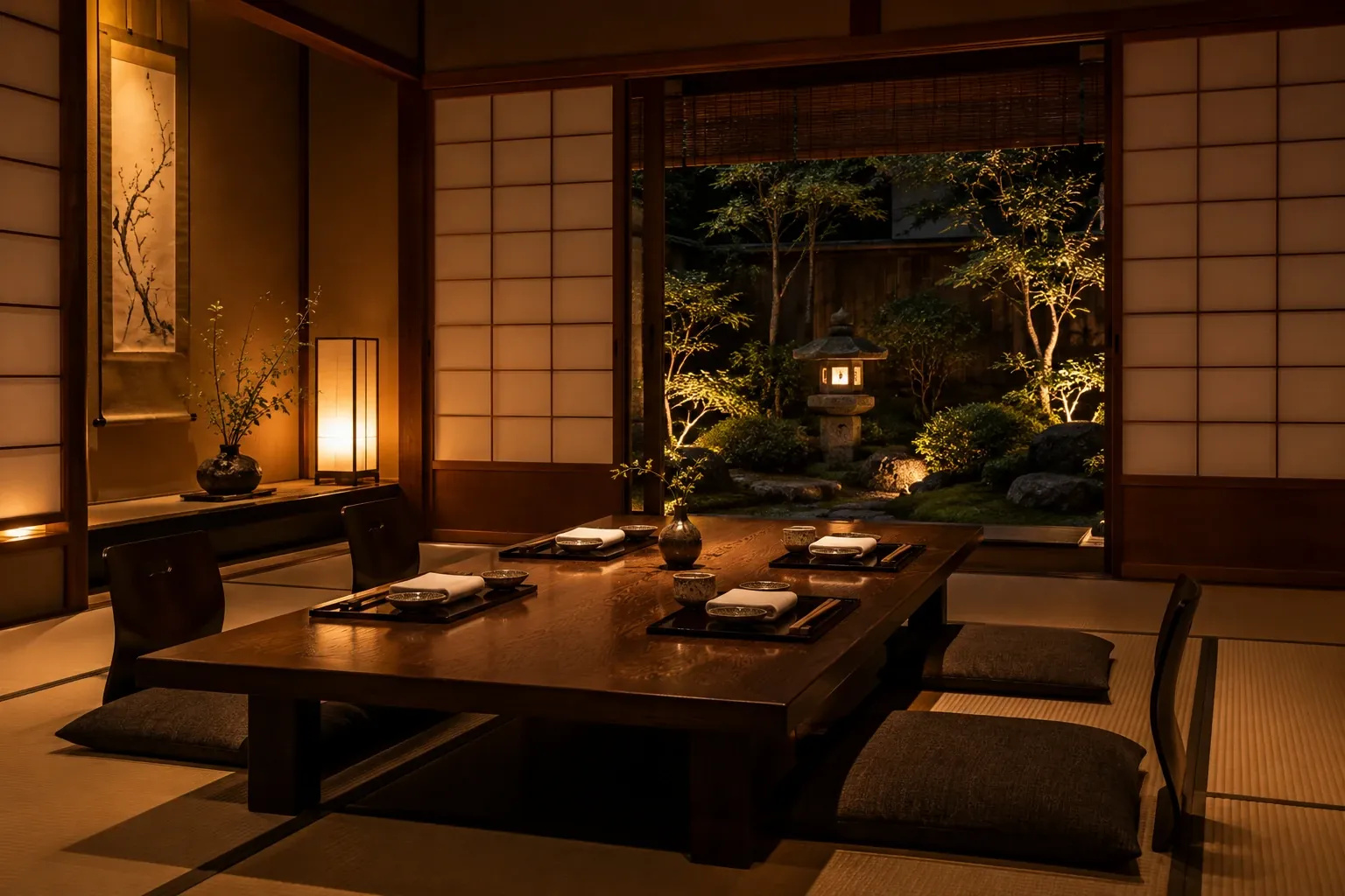 A private tatami room with a low table set for four, shoji screens, a paper lantern and an open view of a moss garden with a stone lantern