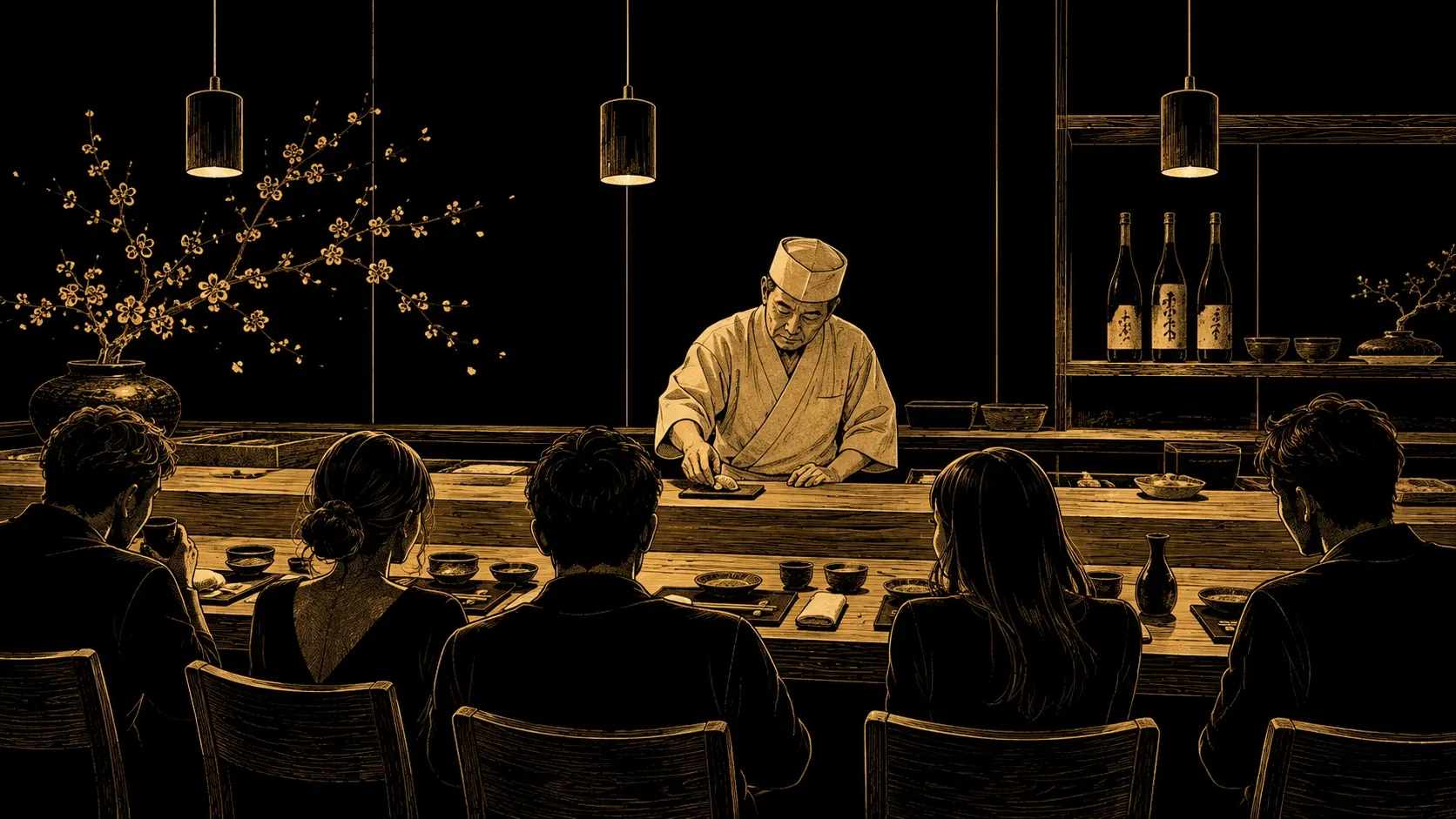Gold engraving of the chef pressing nigiri at the counter while five guests watch, under pendant lamps and plum blossoms