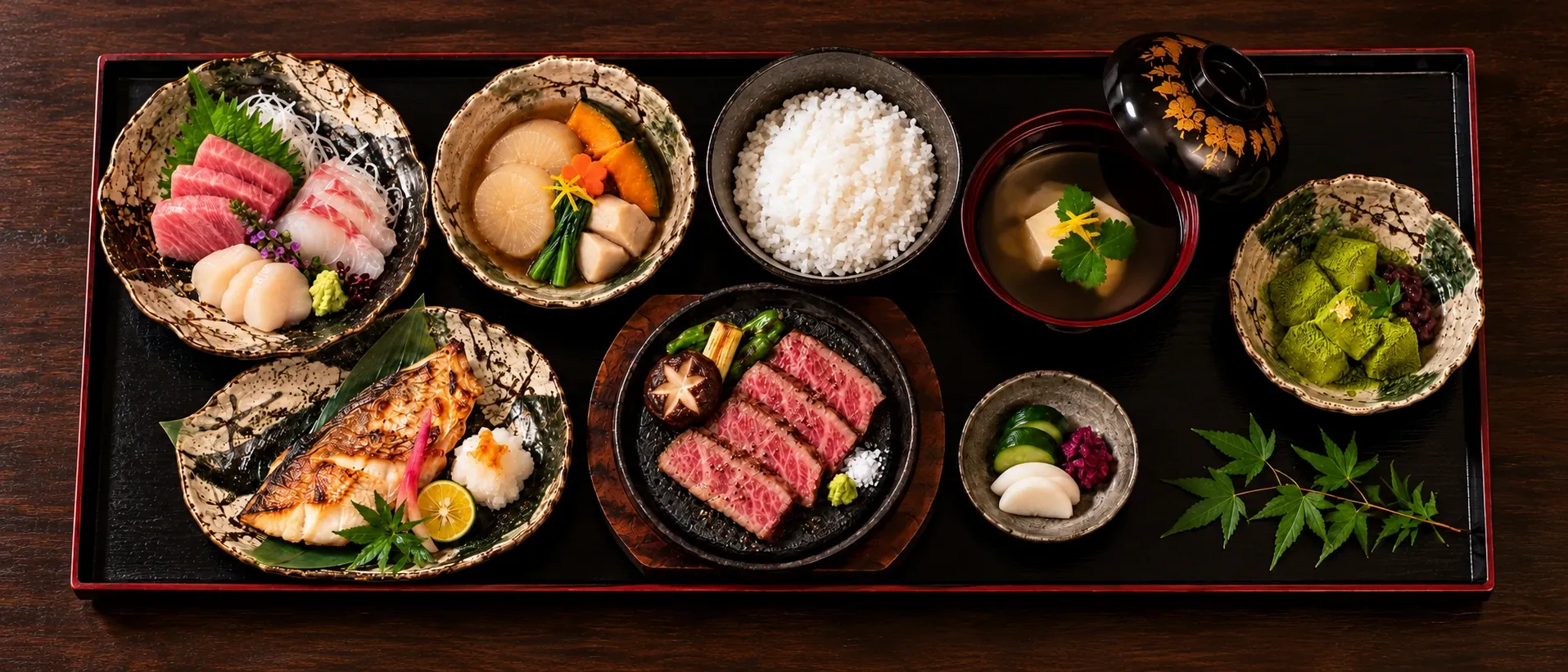 Overhead view of a red-rimmed black lacquer tray holding a full kaiseki dinner: sashimi, simmered vegetables, rice, clear soup, grilled fish, wagyū, pickles and matcha sweets